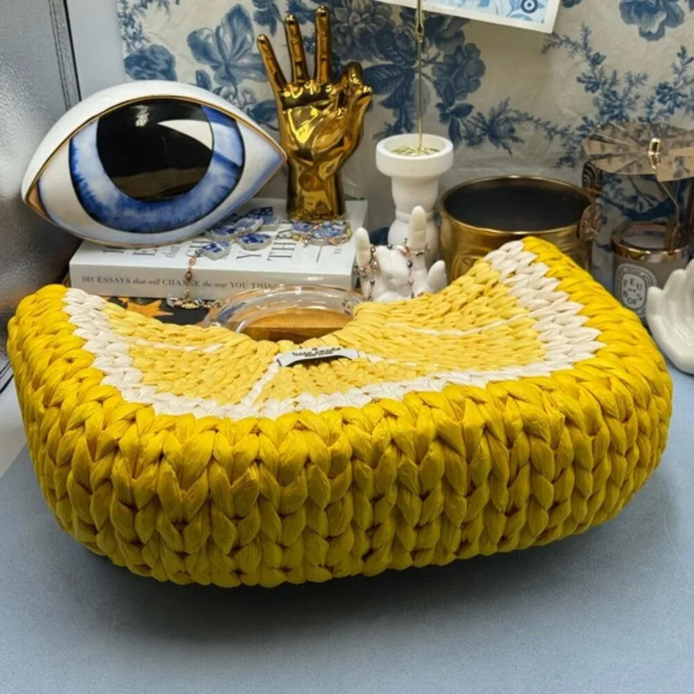 🆕 KATE SPADE NEW YORK 🧿 NWOT Picnic Perfect Lemon Woven Straw Tote Bag *FLAW*